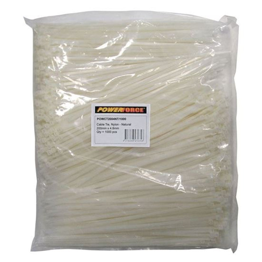 POWERFORCE POWCT2004NT-1000 - 4.8 x 200mm Natural Cable Ties Pack of 1000 22kgs Tensile Strength