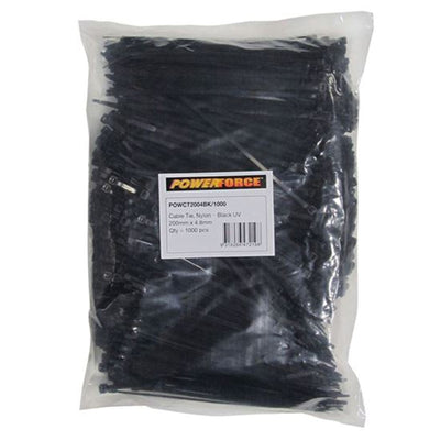 POWERFORCE POWCT2004BK-1000 - 4.8 x 200mm Black UV Cable Ties Pack of 1000 22kgs Tensile Strength