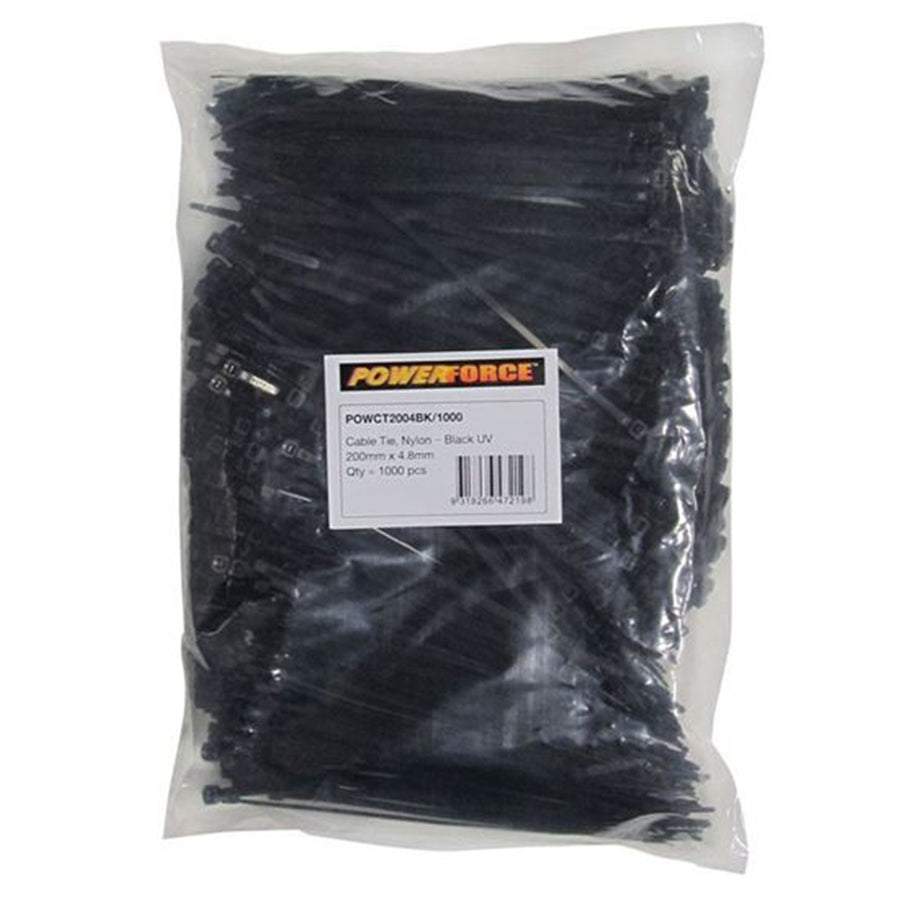 POWERFORCE POWCT2004BK-1000 - 4.8 x 200mm Black UV Cable Ties Pack of 1000 22kgs Tensile Strength