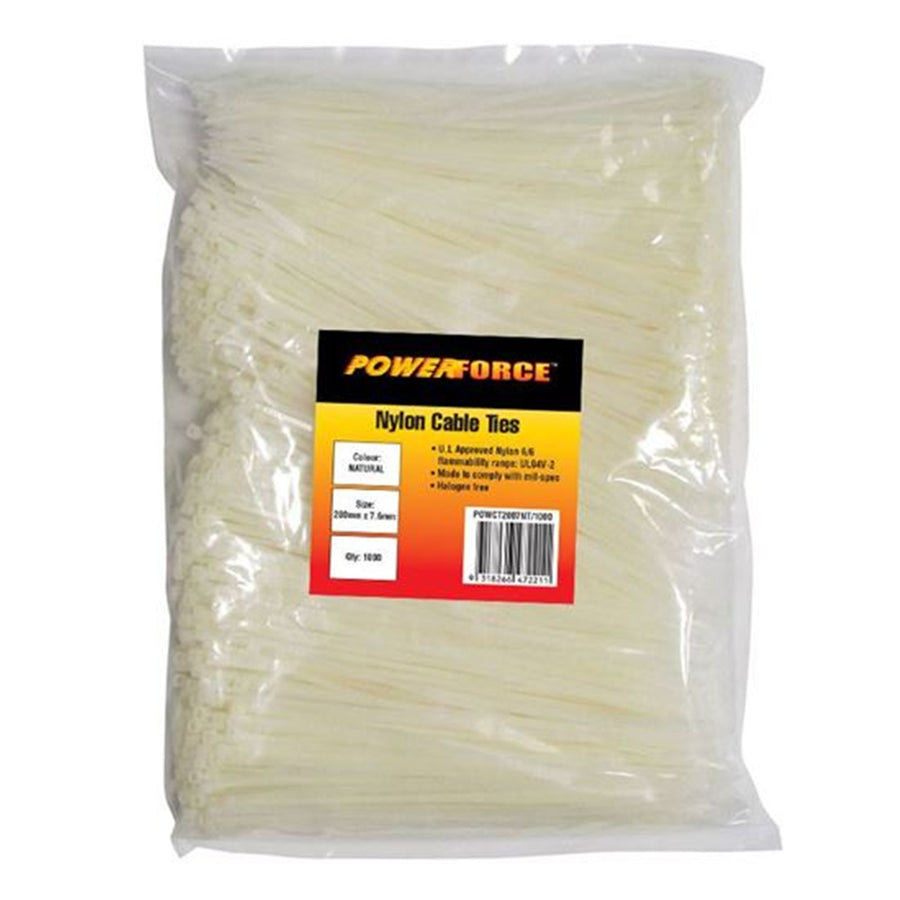 POWERFORCE POWCT2007NT-1000 - 7.6 x 200mm Natural Cable Ties Pack of 1000 55kgs Tensile Strength