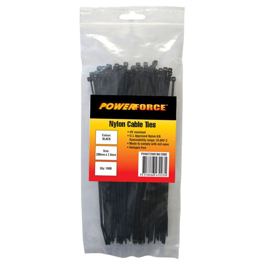 POWERFORCE POWCT2007BK-100 - 7.6 x 200mm Black UV Cable Ties Pack of 100 55kgs Tensile Strength