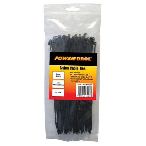 Powerforce  POWCT2007BK-100 UV Resistant - Nylon 6/6 Cable Tie - 200mm x 7.6mm - Black - 100 Pack