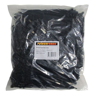 Powerforce POWCT2007BK-1000 UV Resistant - Nylon 6/6 Cable Tie - 200mm x 7.6mm - Black - 1000 Pack Indoor / Outdoor - UL 94V-2 Flammability Rating - MIL-S-23190E Tensile Strength - Carbonate A