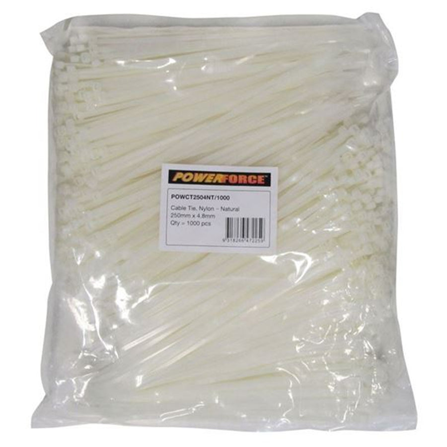 POWERFORCE POWCT2504NT-1000 - 4.8 x 250mm Natural Cable Ties Pack of 1000 22kgs Tensile Strength