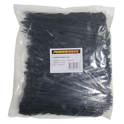 POWERFORCE 4.8 x 250mm Black UV Cable Ties Pack of 1000 22kgs Tensile Strength