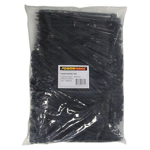 POWERFORCE POWCT2807BK-1000 - 7.6 x 280mm Black UV Cable Ties Pack of 1000 55kgs Tensile Strength