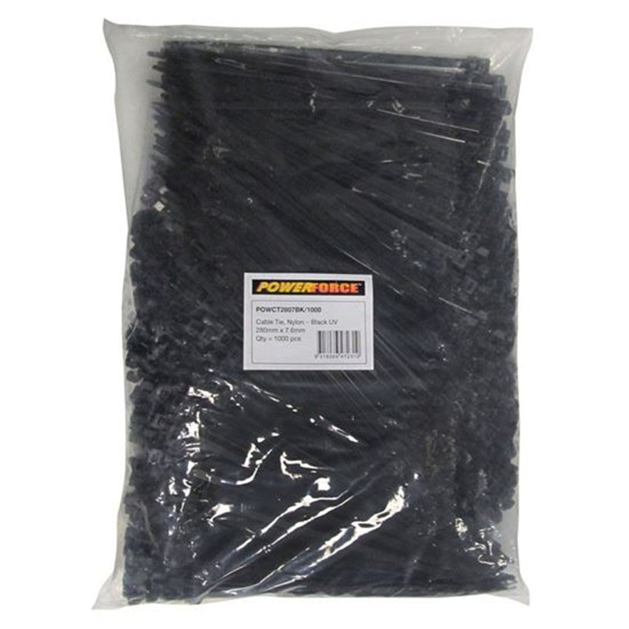 POWERFORCE POWCT2807BK-1000 - 7.6 x 280mm Black UV Cable Ties Pack of 1000 55kgs Tensile Strength