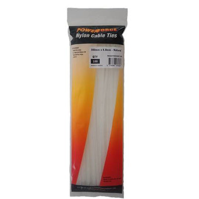 POWERFORCE 4.8 x 300mm Natural Cable Ties Pack of 100 22kgs Tensile Strength