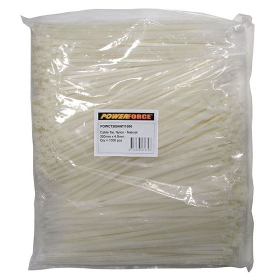 POWERFORCE POWCT3004NT-1000 - 4.8 x 300mm Natural Cable Ties Pack of 1000 22kgs Tensile Strength