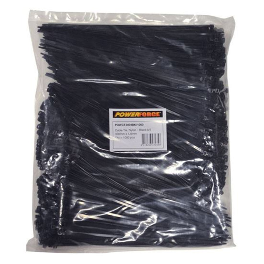 POWERFORCE POWCT3004BK-1000 - 4.8 x 300mm Black UV Cable Ties Pack of 1000 22kgs Tensile Strength