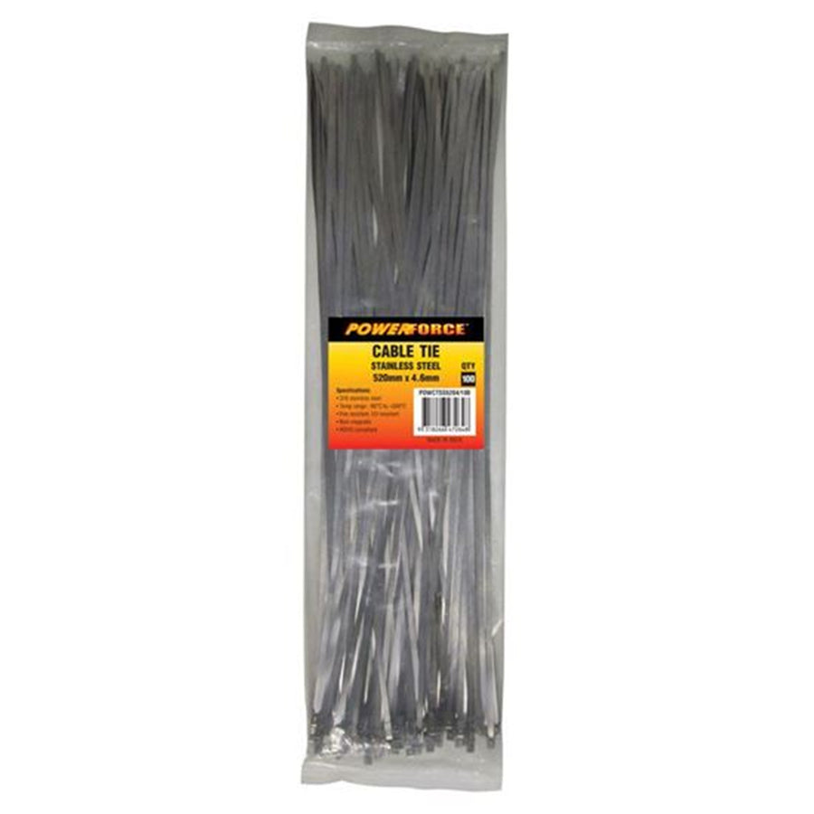 POWERFORCE POWCTSS5204-100 - 4.6 x 520mm 316L Stainless Steel Cable Ties Pack of 100 667N/68kgs Tensile Strength