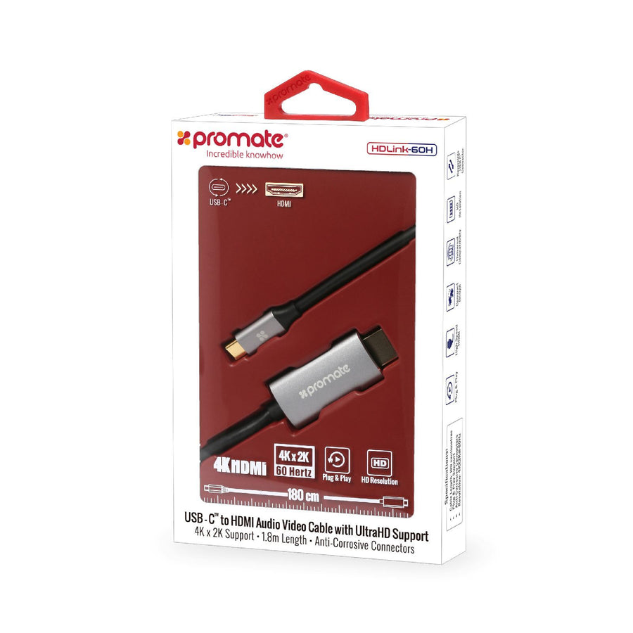 Promate HDLINK-60H-GRY - 1.8m 4K USB-C to HDMI Cable w/ Gold Plated Connectors. Supports Max Res up to 4K@60Hz