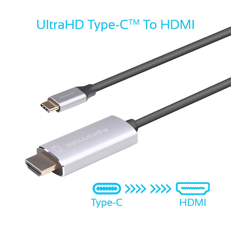 Promate HDLINK-60H-GRY - 1.8m 4K USB-C to HDMI Cable w/ Gold Plated Connectors. Supports Max Res up to 4K@60Hz