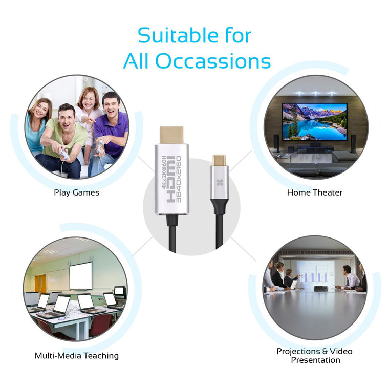 Promate HDLINK-60H-GRY - 1.8m 4K USB-C to HDMI Cable w/ Gold Plated Connectors. Supports Max Res up to 4K@60Hz