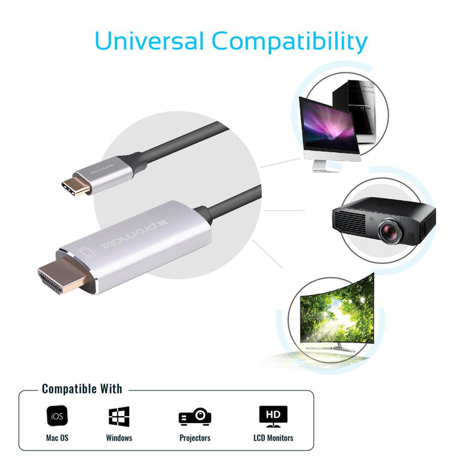 Promate HDLINK-60H-GRY - 1.8m 4K USB-C to HDMI Cable w/ Gold Plated Connectors. Supports Max Res up to 4K@60Hz