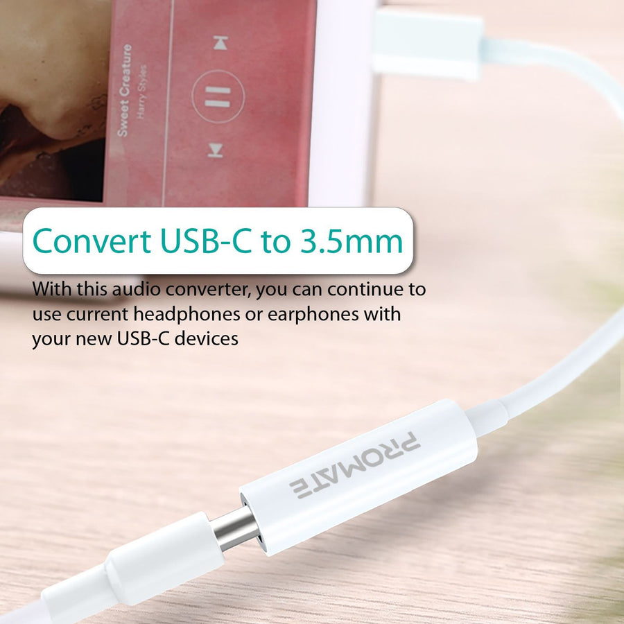 Promate AUXLINK-C-WHT - Stereo USB-C auf 3,5 mm Klinkenadapter Digital-Analog-Wandler.
