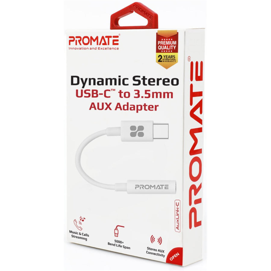 Promate  AUXLINK-C.WHT Digital to Analog Converter USB-C to 3.5mm Adapter - 12cm - White