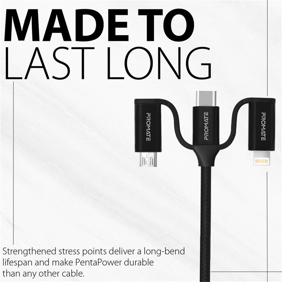 Promate PENTAPOWER-BLK - 6-in-1 Hybrid 1.2m Multi Connector Cable for Charging & Data Transfer. 60W PD