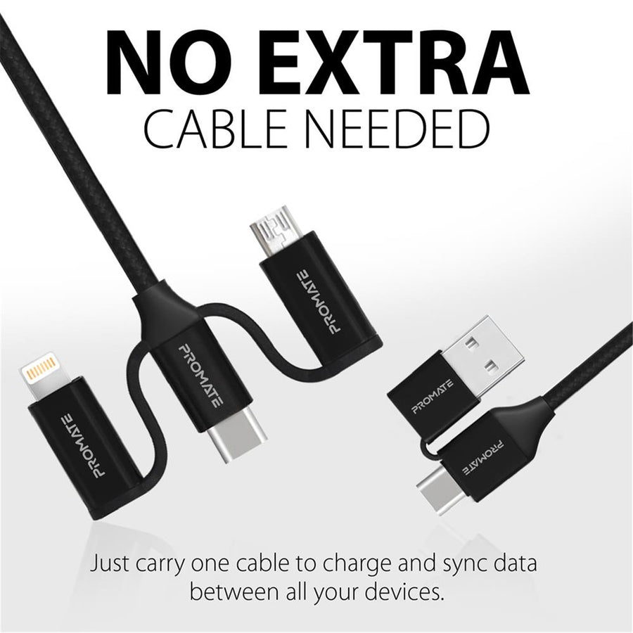 Promate PENTAPOWER-BLK - 6-in-1 Hybrid 1.2m Multi Connector Cable for Charging & Data Transfer. 60W PD