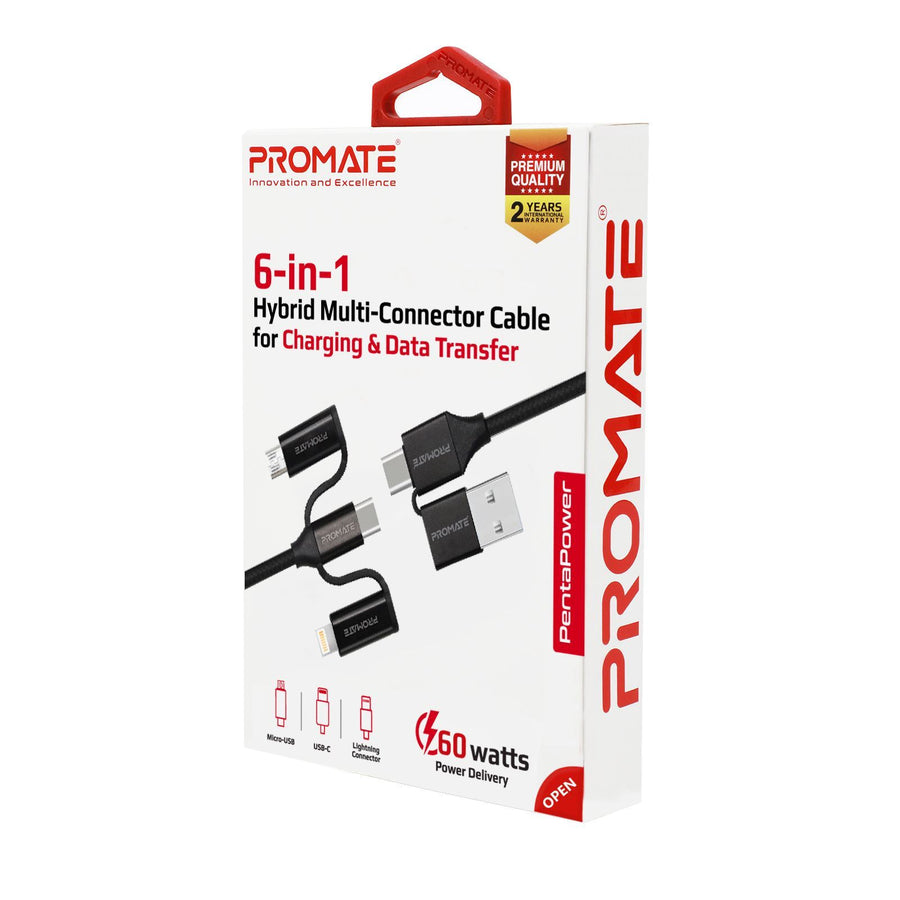 Promate PENTAPOWER-BLK - 6-in-1 Hybrid 1.2m Multi Connector Cable for Charging & Data Transfer. 60W PD