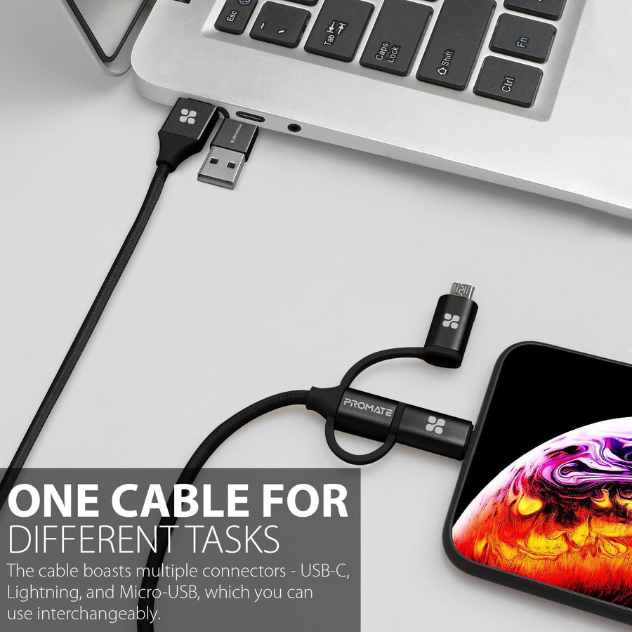 Promate PENTAPOWER-BLK - 6-in-1 Hybrid 1.2m Multi Connector Cable for Charging & Data Transfer. 60W PD