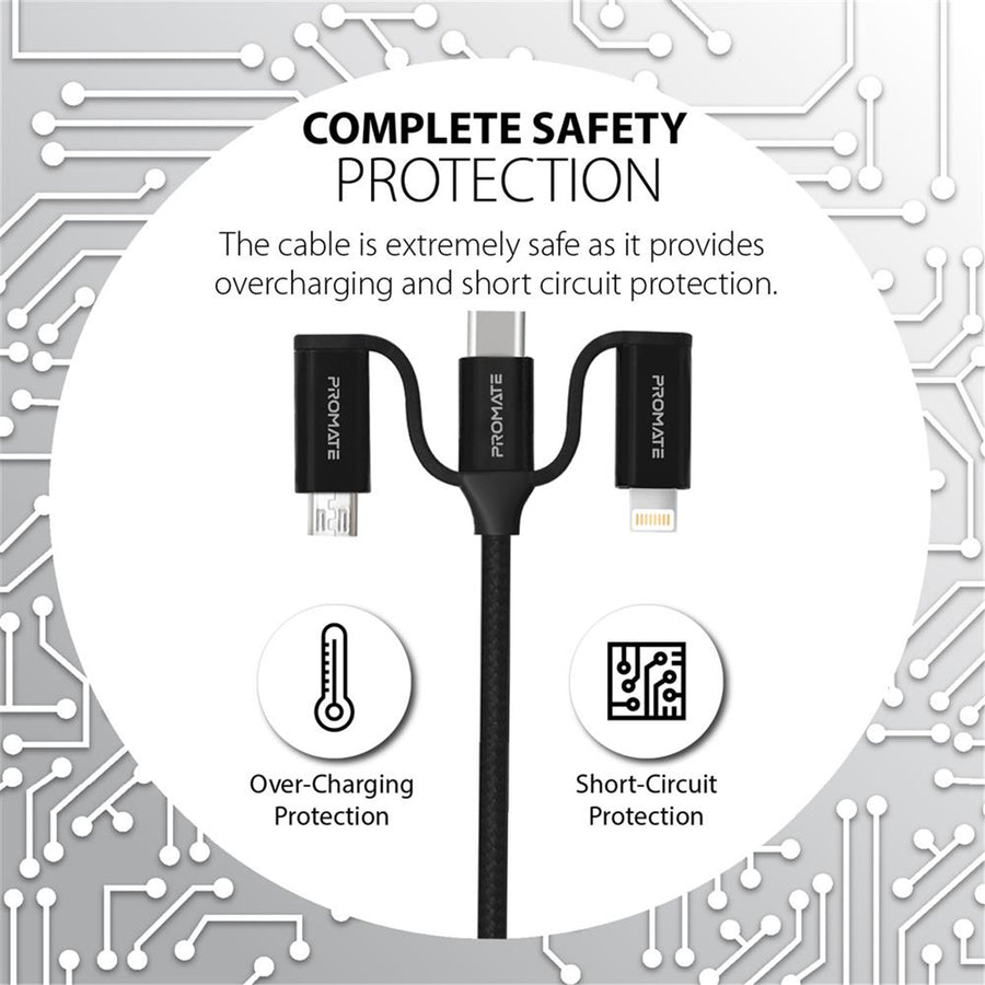 Promate PENTAPOWER-BLK - 6-in-1 Hybrid 1.2m Multi Connector Cable for Charging & Data Transfer. 60W PD