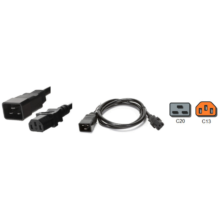 RackPower CM2CC200-21 - 16A C20 IEC plug to 10A C13 IEC socket on 2m 1.5mm2 Black lead