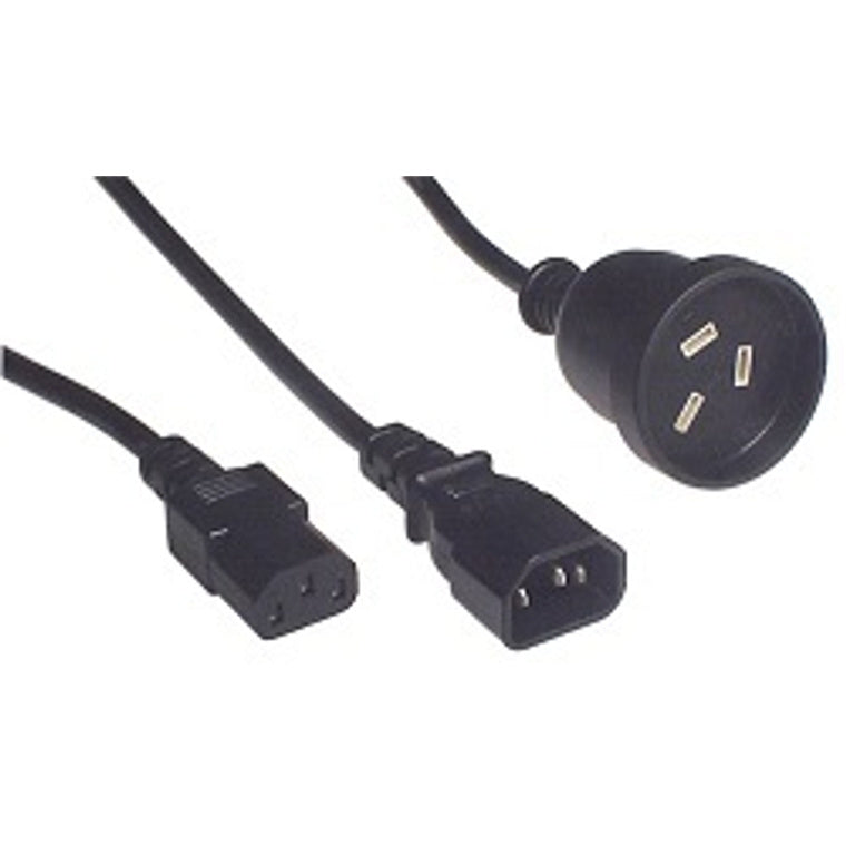 RackPower CM0CCN060 - 10A C14 IEC-Stecker auf 1x 10A C13 IEC + 1x 3-polige Steckdosen an 0,6m 0,75mm2 schwarzem Kabel