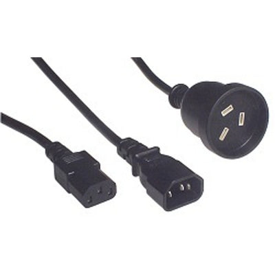 RackPower CM0CCN060 - 10A C14 IEC plug to 1x 10A C13 IEC + 1x 3 pin sockets on 0.6m 0.75mm2 Black lead