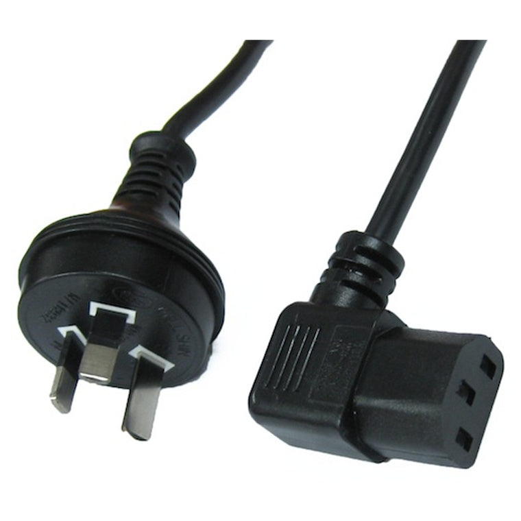 RackPower CM0NC200-SR - 10A 3-poliger Stecker auf 10A C13 IEC gewinkelte Buchse (rechts) an 2m 0,75mm2 schwarzem Kabel