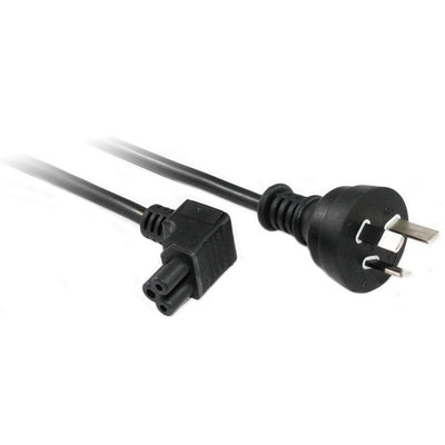 RackPower CM0NL200-ST - 10A 3 pin plug to C5 IEC clover angled top entry socket on 2m 0.75mm2 Black lead