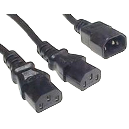 RackPower CM1CCC060 - 10A C14 IEC plug to 2x 10A C13 IEC sockets on 0.6m 1mm2 Black lead