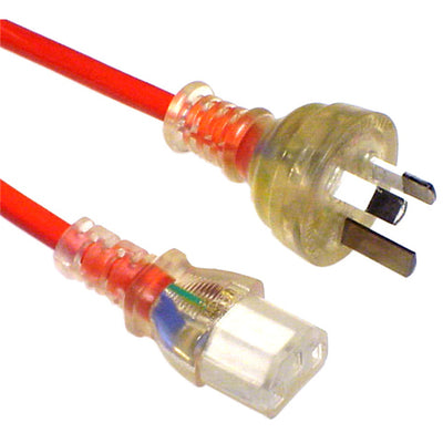 RackPower CM1NC300M - 10A 3 pin Clear plug to 10A C13 IEC Clear socket on 3m 1mm2 Orange lead