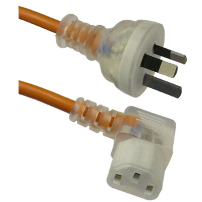 RackPower CM1NC500M-SL - 10A 3 pin Clear plug to 10A C13 IEC left hand angled Clear socket on 5m 1mm2 Orange lead