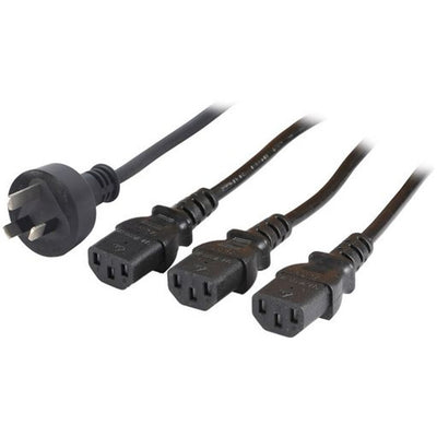 RackPower CM1NCCC200 - 10A 3 pin plug to 3x 10A C13 IEC sockets, Junction in the middle, 1mm2 black lead, 2m total length