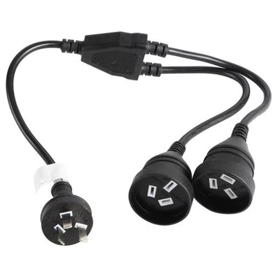 RackPower CM1NNN060 - 10A 3 pin plug to 2x 10A 3pin socket on 0.6m 1mm2 black lead