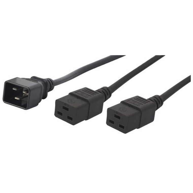 RackPower CM2CCC200 - 16A C20 IEC-Stecker auf 0,4m auf 2x 16A C19 IEC-Buchsen je auf 1,6m, Gesamtlänge 2m 1,5mm2 schwarzes Kabel