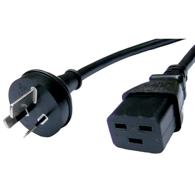 RackPower CM2NC100 - 15A 3 pin plug to 16A C19 IEC socket on 1m 1.5mm2 Black lead