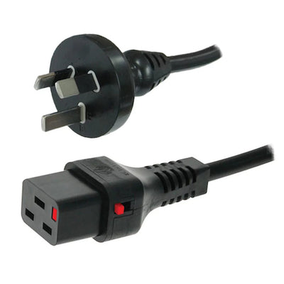 RackPower CM2NK200-12 - 10A 3 pin plug to 16A C19 IEC-Lock socket on 2m 1.5mm2 Black lead (WARNING -Use with max 10A 2400W rated equipment only)