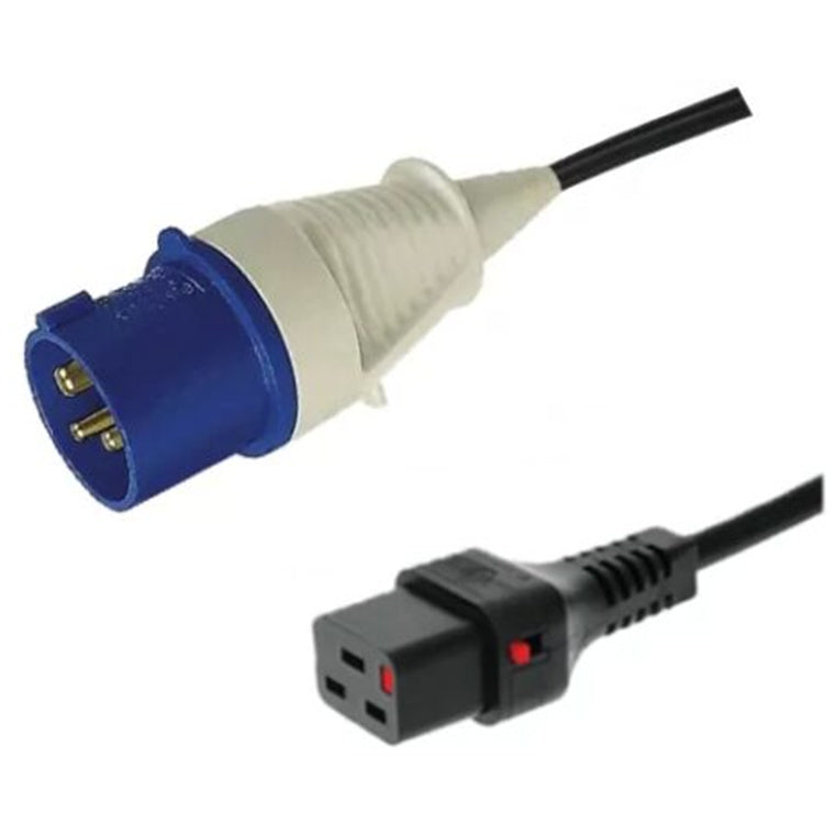 RackPower CF2EK250 - 16A IEC 60-309 IP44 Stecker auf 16A C19 IEC-Lock angespritzte Buchse an 2,5m 1,5mm2 Schwarzem Kabel
