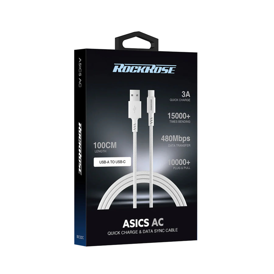 RockRose Asics AC  USB-A to USB-C Cable - 1m - Light Grey