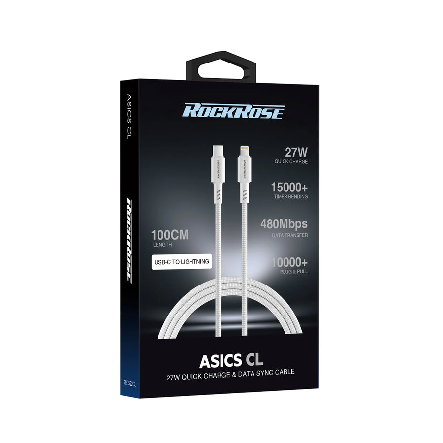 RockRose Asics CL 27W USB-C to Lightning Cable - 1m - Light Grey