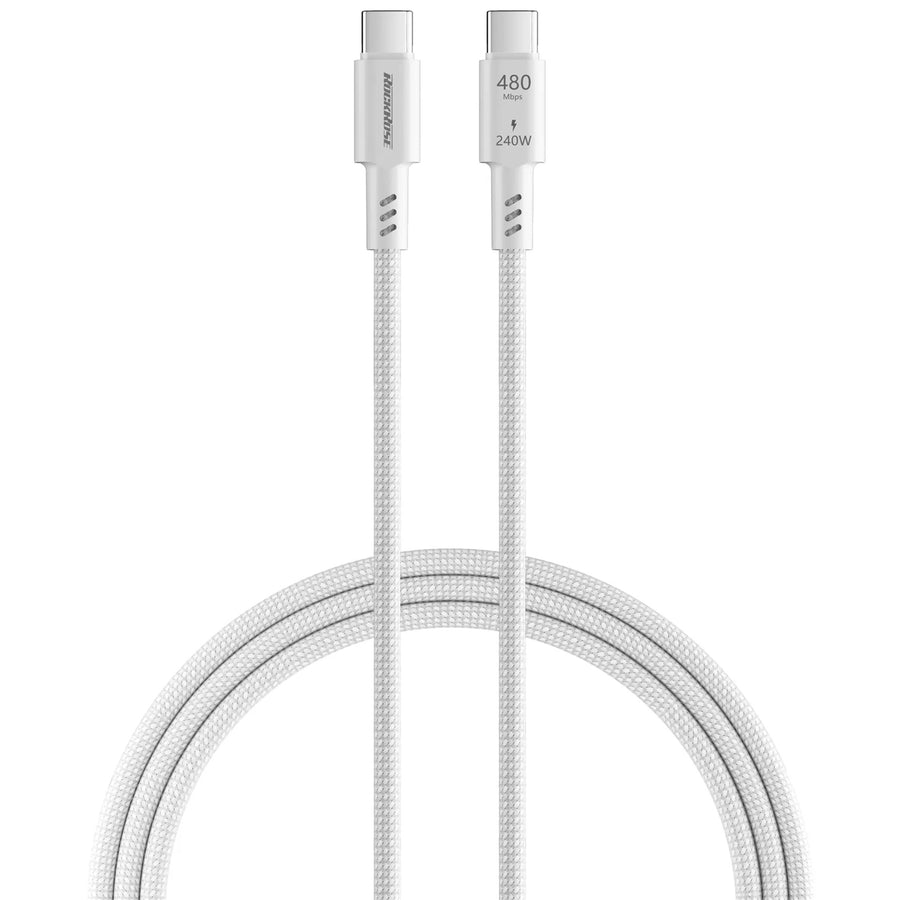RockRose Asics CC Pro Max 240W USB-C to USB-C Charging Cable - 1m - White - TPE Connector - Braided Cord