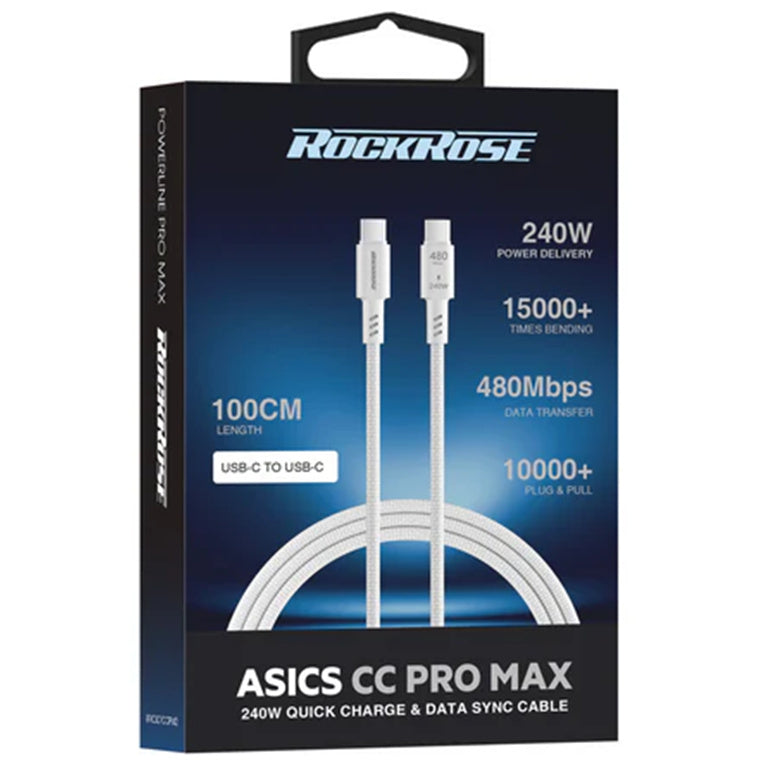 RockRose Asics CC Pro Max 240W USB-C to USB-C Charging Cable - 1m - White - TPE Connector - Braided Cord