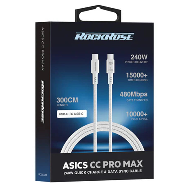 RockRose Asics CC Pro Max 240W USB-C to USB-C Charging Cable - 3m - White - TPE Connector - Braided Cord