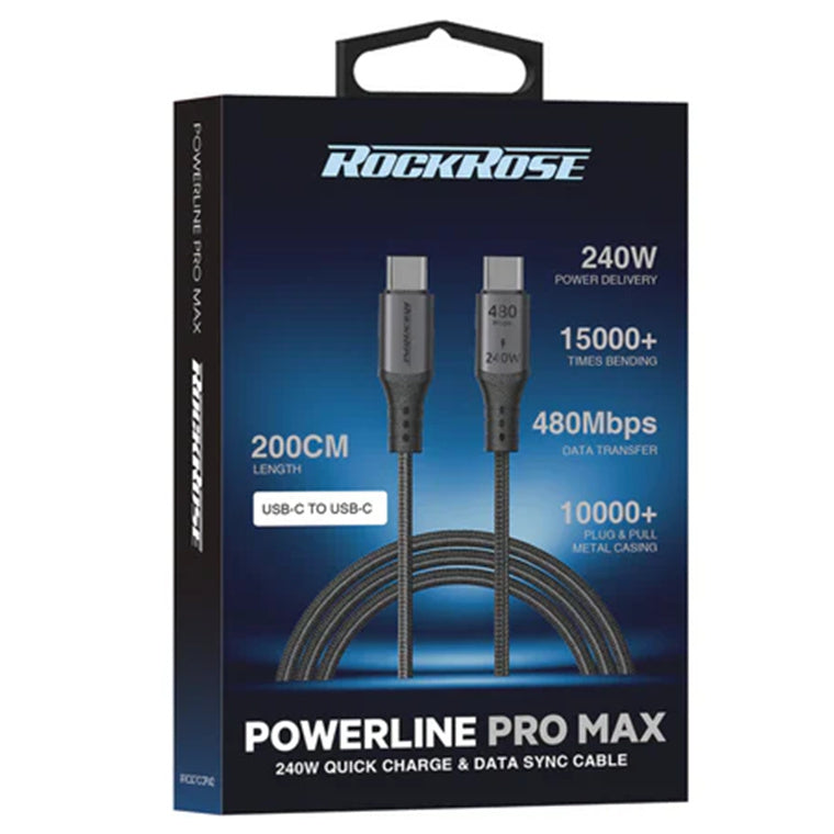 RockRose Powerline Pro Max 240W USB-C to USB-C Cable - 2m - Dark Grey