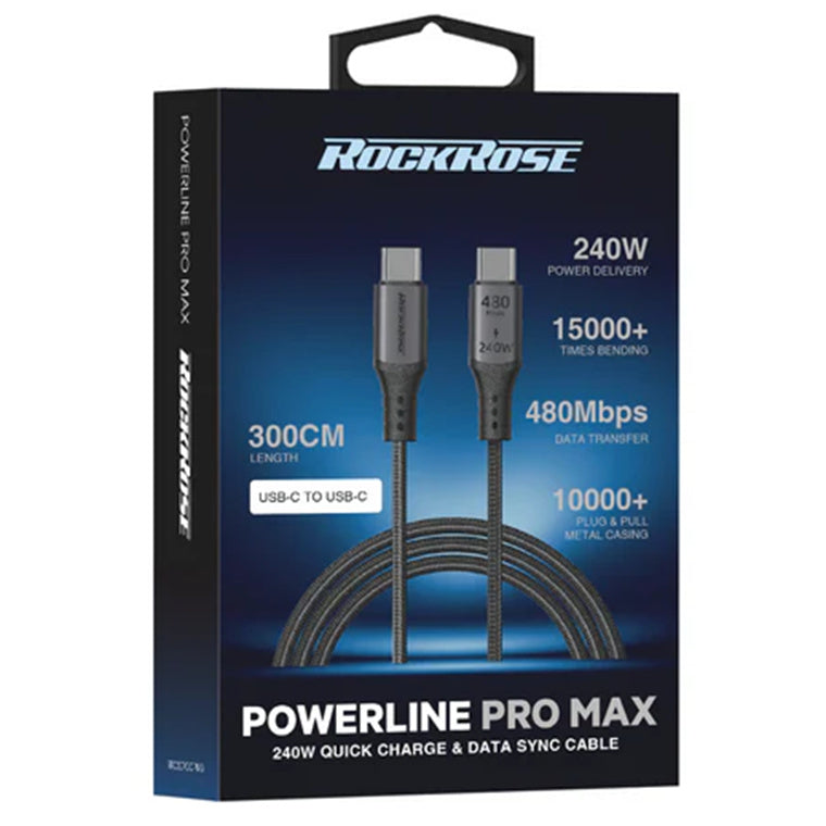 RockRose Powerline Pro Max 240W USB-C to USB-C Cable - 3m - Dark Grey