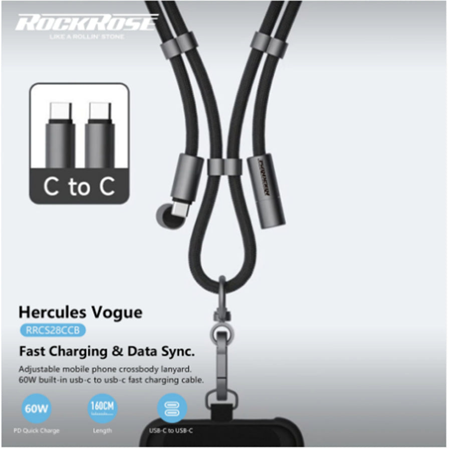 RockRose Hercules Vogue  1.6m USB-C to USB-C 60W Adjustable Crossbody Lanyard Smart Phone cable