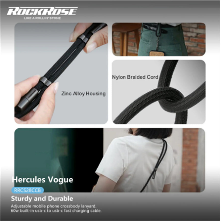 RockRose Hercules Vogue  1.6m USB-C to USB-C 60W Adjustable Crossbody Lanyard Smart Phone cable