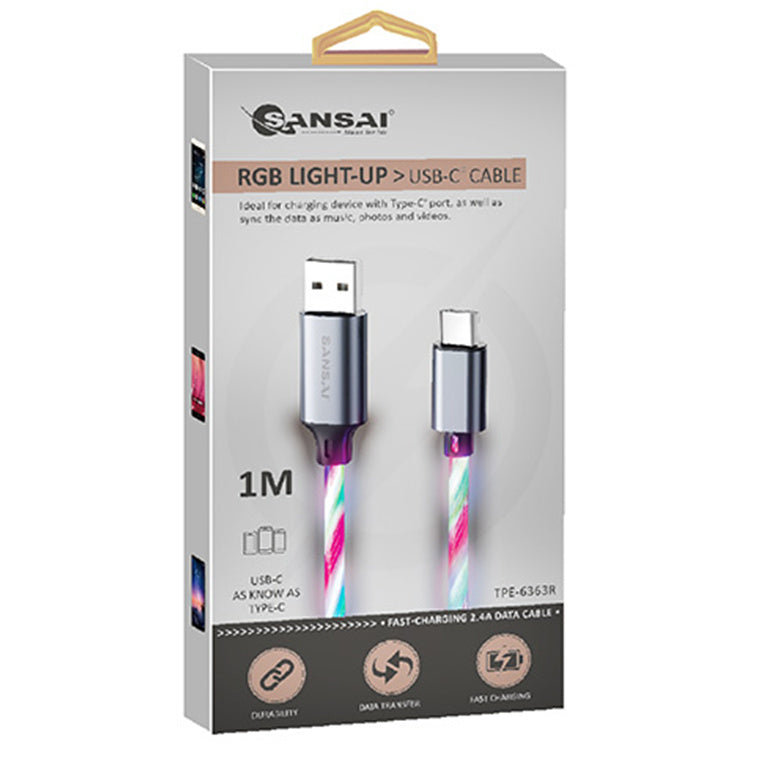 Sansai  TPE-6363R  RGB Light Up USB-A Male to Male USB-C Charging Cable 1m